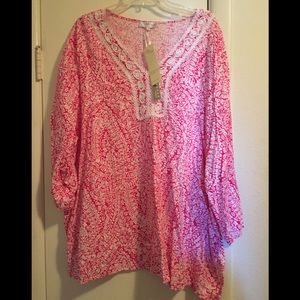 Cute bright pink top with laced neckline 3X NEW